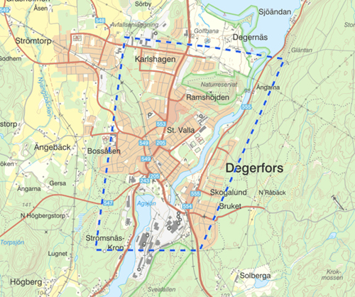 Kartbild över det område som polisen kamerabevakar den 28 oktober i Degerfors.