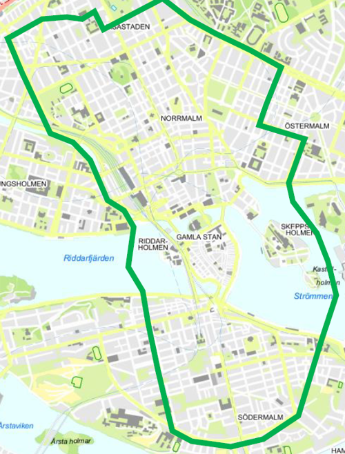 Delar av Norrmalm och Södermalm som ska kamerabevakas med drönare den 1 maj