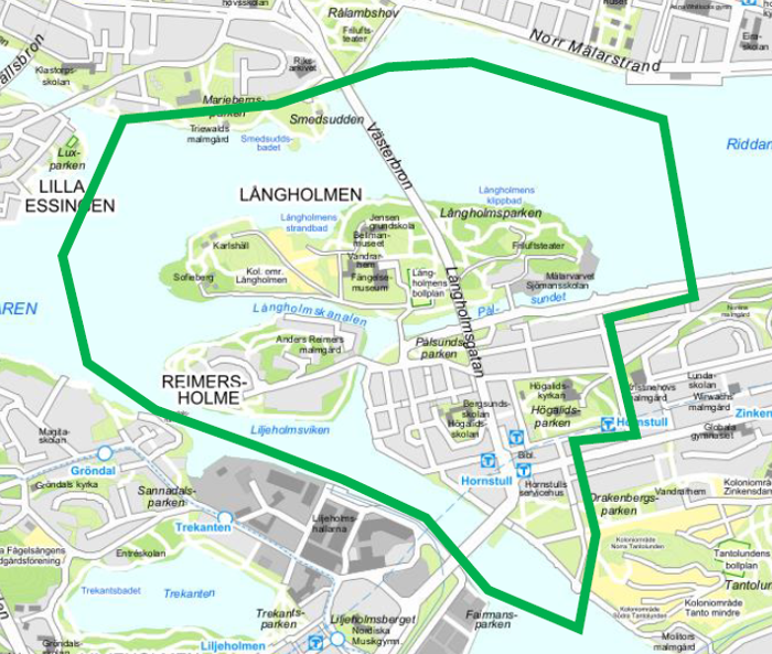 Kartbild över Långholmen, Reimersholme samt del av Hornstull som ska kamerabevakas med drönare den 2 maj