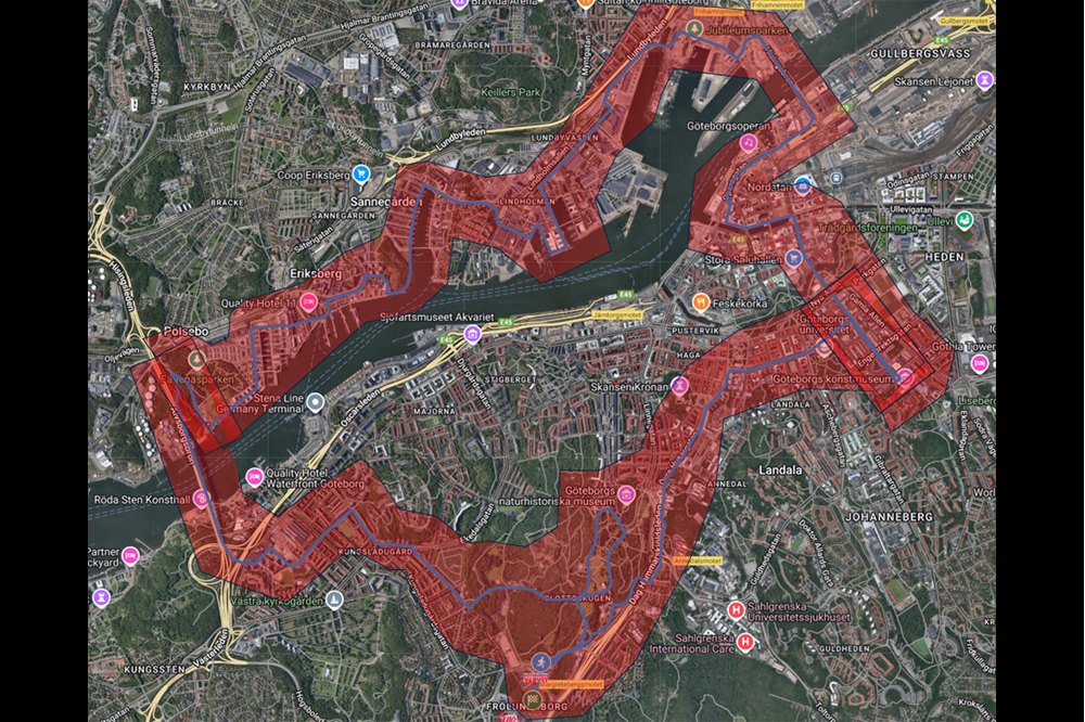 Kartbild över centrala Göteborg.