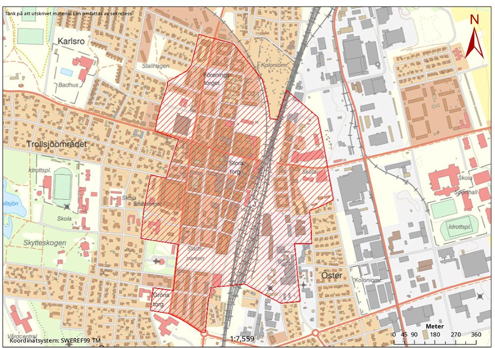 Kartbild med markering över centrala Eslöv.