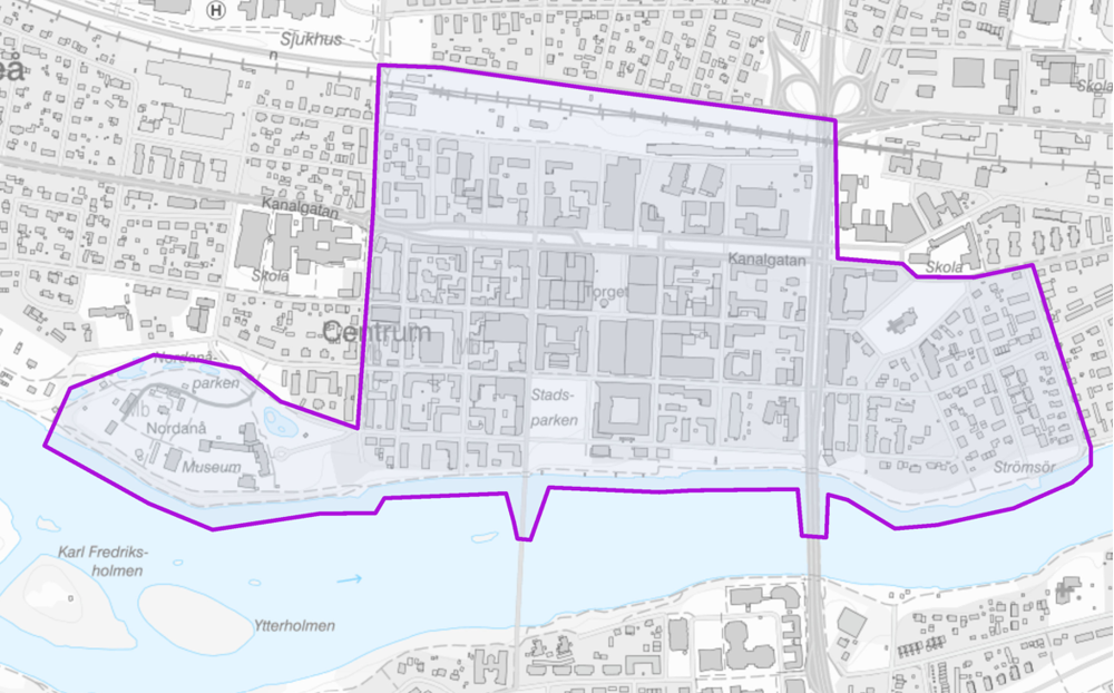 Område för kamerabevakning i centrala Skellefteå.