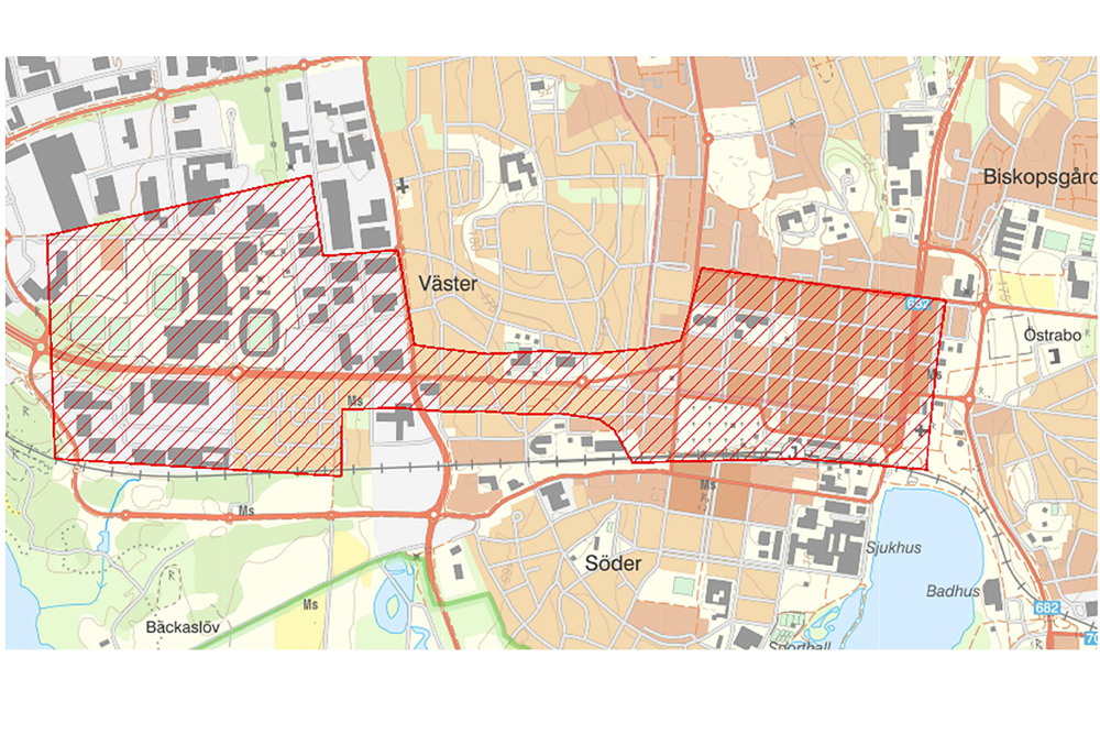Karta över området i Växjö som bevakas med drönare.