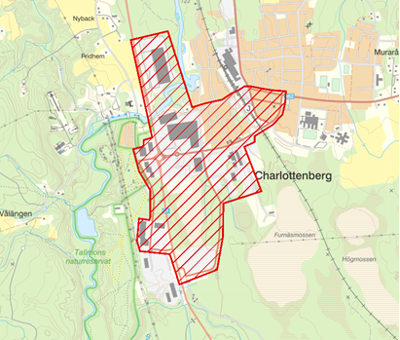 Karta i färg över Charlottenberg centrum