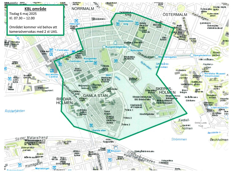 Bild på kartområdet i centrala Stockholm som ska kamerabevakas.