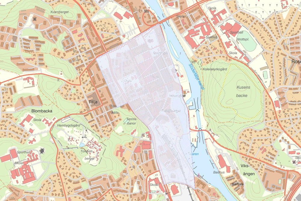 Området mellan Hertig Carls väg, Dalgatan, Turingegatan och Slussgatan som kan komma att bevakas med drönare.