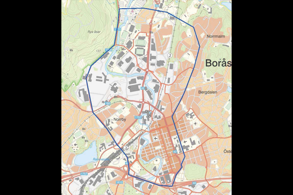 Kartbild över centrala Borås.
