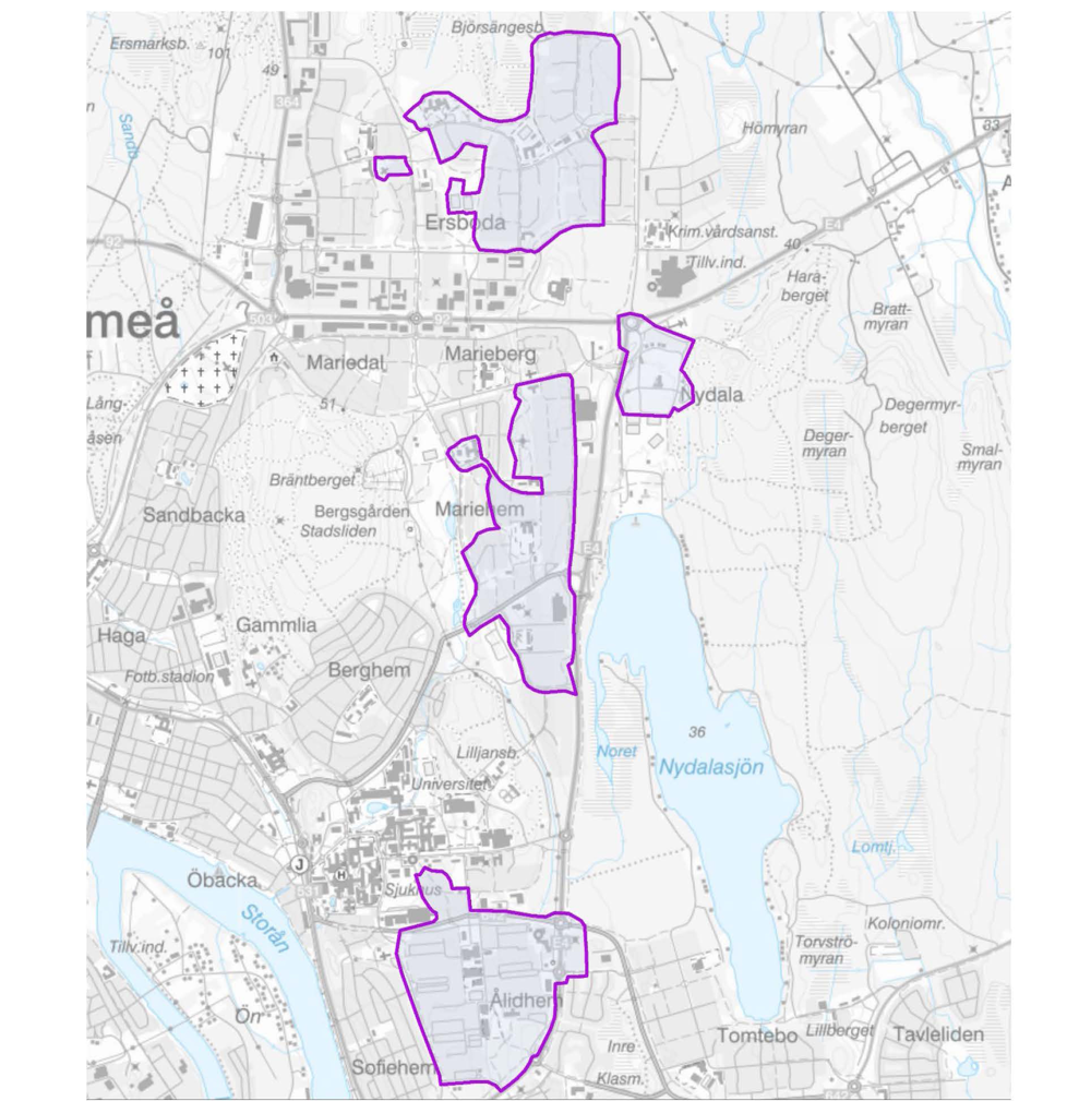 Kartbild över Umeå som visar stadsdelarna Mariehem, Ålidshem och Ersboda som kan komma att bevakas med drönare.