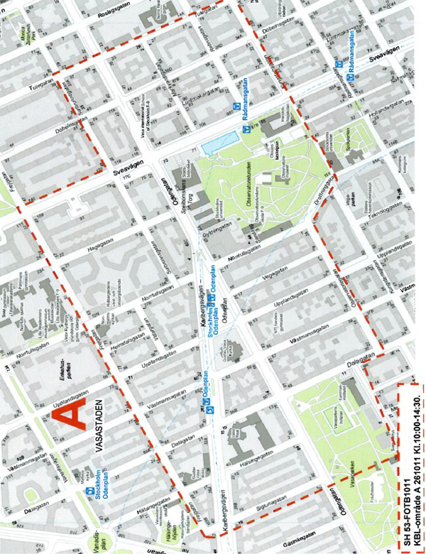 Karta över område Vasastaden som kan komma att kamerabevakas kl.10.00-14.30 den 11 oktober.