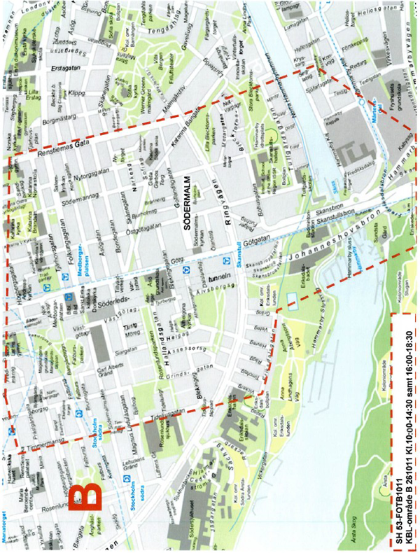 Karta över område Södermalm som kan komma att kamerabevakas kl.10.00-14.30 samt 16.00-18.30 den 11 oktober.
