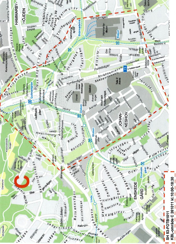 Karta över område runt 3Arena som kan komma att kamerabevakas kl.10.00-18.30 den 11 oktober.