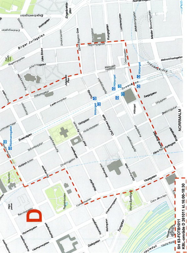 Karta över område Norrmalm som kan komma att kamerabevakas kl.16.00-18.30 den 11 oktober.