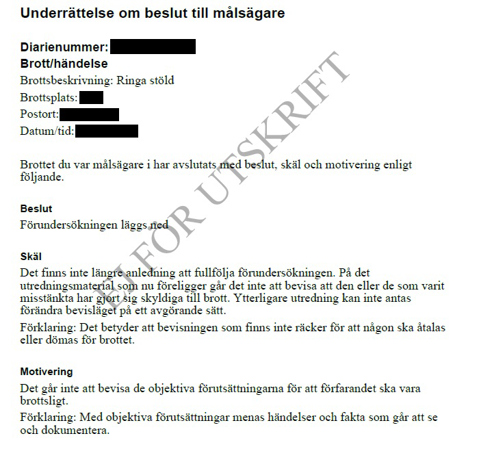Bilden visar underrättelse om beslut till målsägare. Beslut, skäl och motivering förklaras i text längre ned på denna sida. 