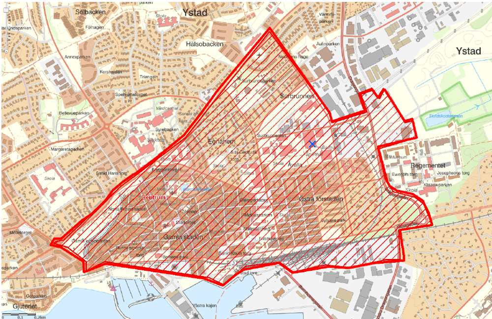 Kartbild över delar av Ystad som kan komma att bevakas med drönare.