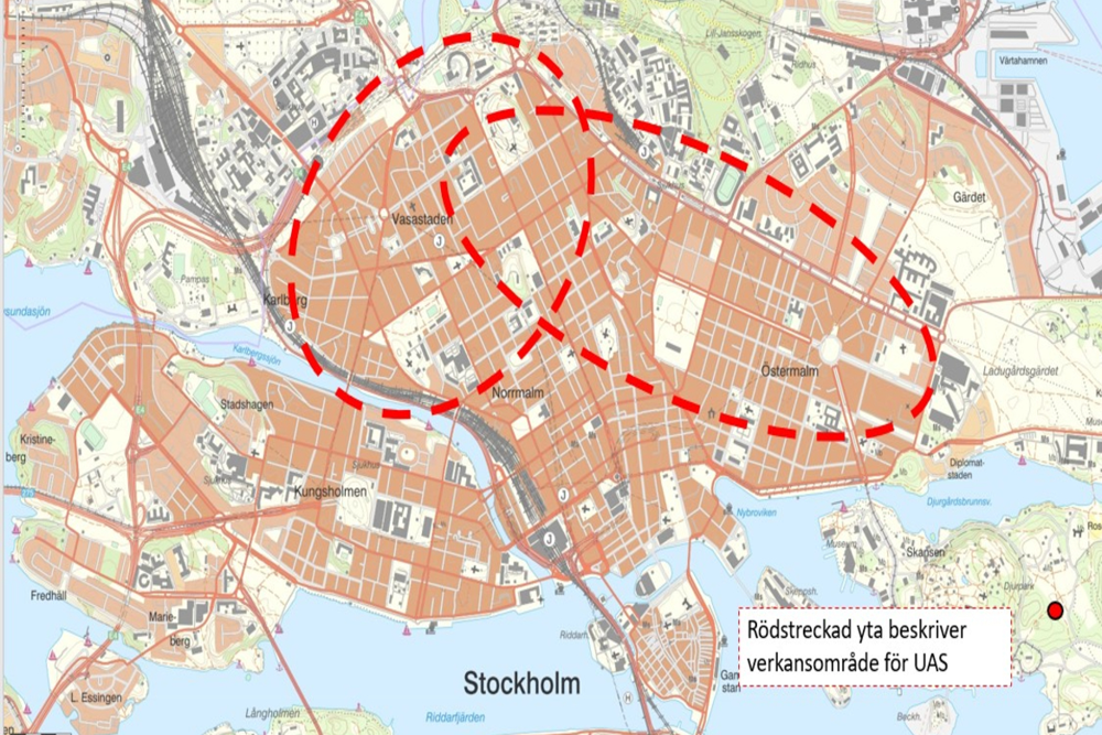 Övervakningsområde för polisens drönare under studentinsats