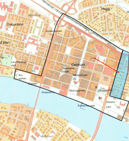 Karta över det tillfälligt utökade kamerabevakade området i Umeå centrum.