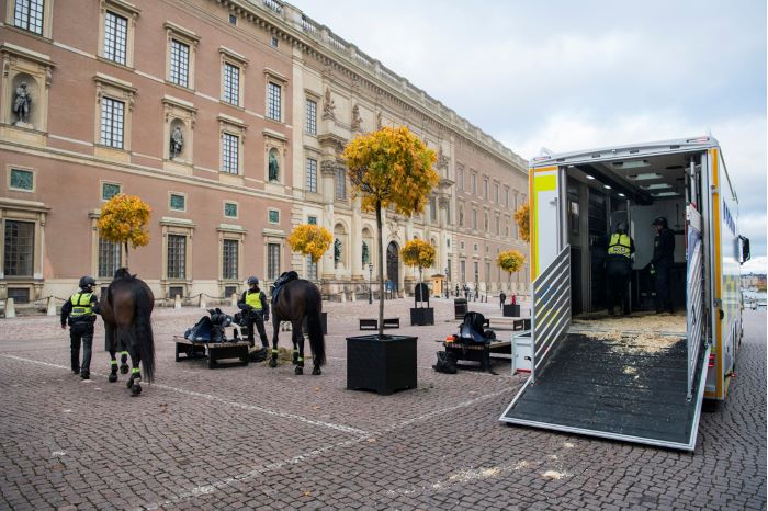 Två polisryttare med sina hästar står på kullerstenen utanför lastbilen. Foto.