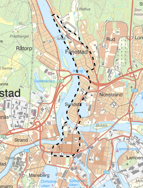 Bevakningsområde för drönare vid Löfbergs Arena, dess närliggande område och del av centrala Karlstad.