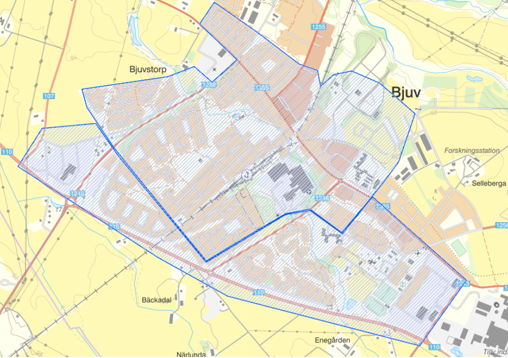 Kartbild över ett område i Bjuv som kommer bevakas med drönare