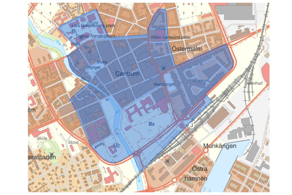 Karta över det område som kan komma att bevakas med UAS under Cityfestivalen i Västerås.