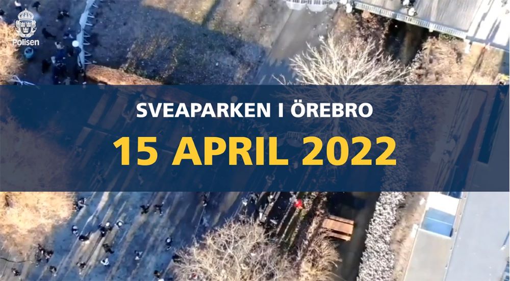Skärmklipp från film med texten "Sveaparken i Örebro 15 april 2022"