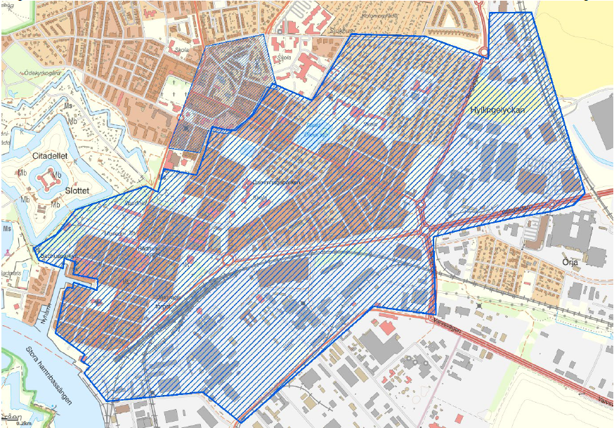 Karta över centrala Landskrona, området som ska kamerabevakas är inringat.