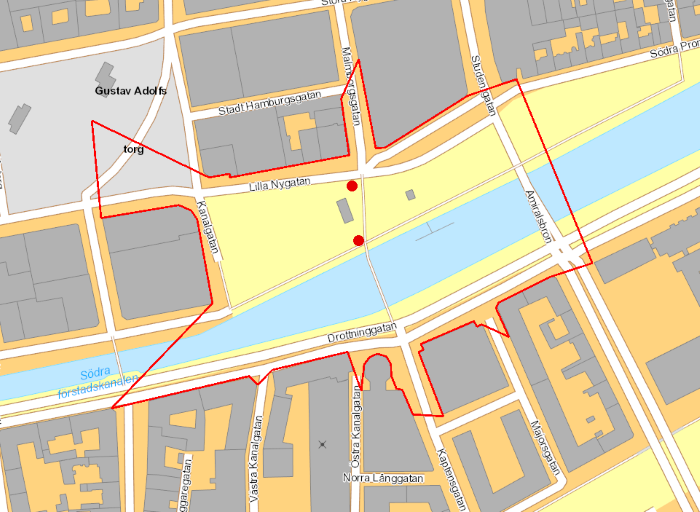Kartbild över centrala Malmö med markering där tillfälliga kameror finns.