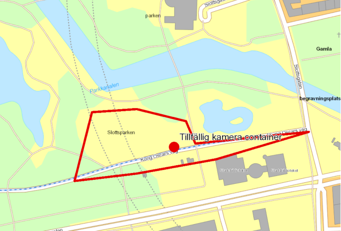 Kartbild över centrala Malmö med markering där tillfälliga kameror finns.