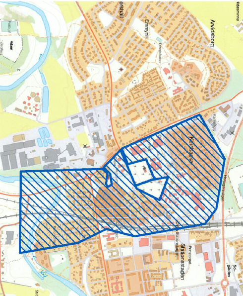 Karta över Kävlinge. Område som ska kameraövervakas med drönare är markerade.
