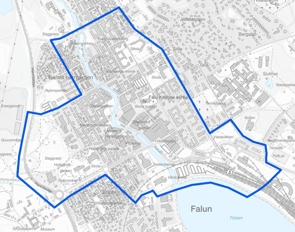 Karta över området i Falun som bevakas med drönare.