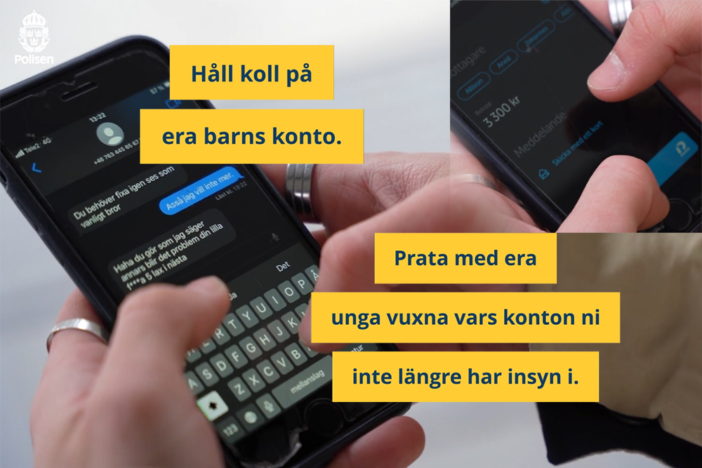 Bild på telefon där man ser meddelandeapp och swishappen för att illustrera hur ungdomar tvättar pengar. på bilden syns texterna - Håll koll på era barns konto, och Prata med era unga vuxna vars konton ni inte längre har insyn i.