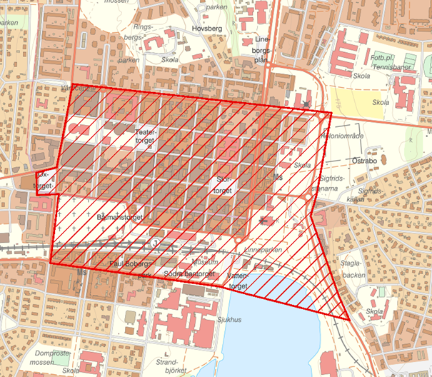 Karta över de delar av centrala Växjö som kamerabevakas under stadsfestivalen.