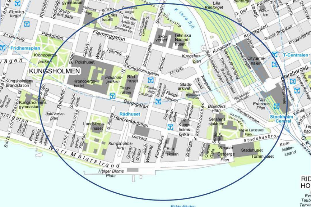 Bild på karta över Kungsholmen som kamerabevakas med hjälp av drönare