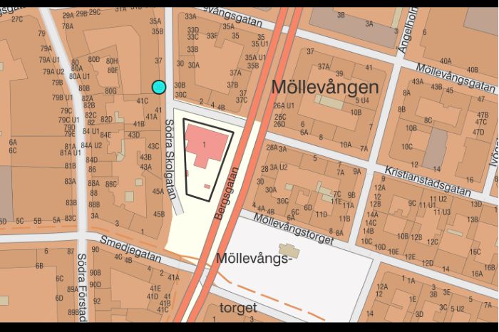 Kartbild över Möllevången i Malmö där Salih sköts till döds på Södra Skolgatan i Malmö