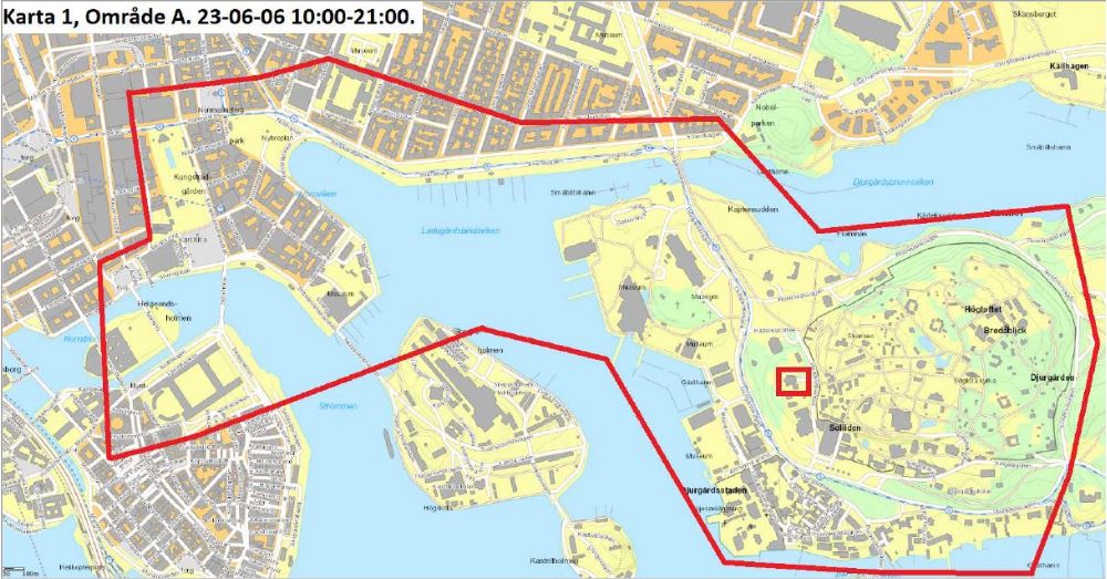 Karta där polisen bevakar med UAS över delar av Östermalm och Djurgården