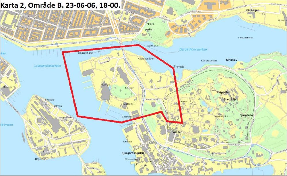 Karta där polisen bevakar med UAS över delar av Östermalm och Djurgården
