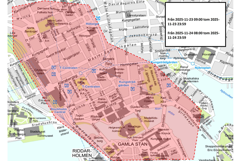Karta över området i centrala Stockholm som kan bevakas av drönare.