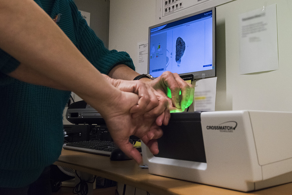 En persons fingeravtryck scannas och visas på en datorskärm.