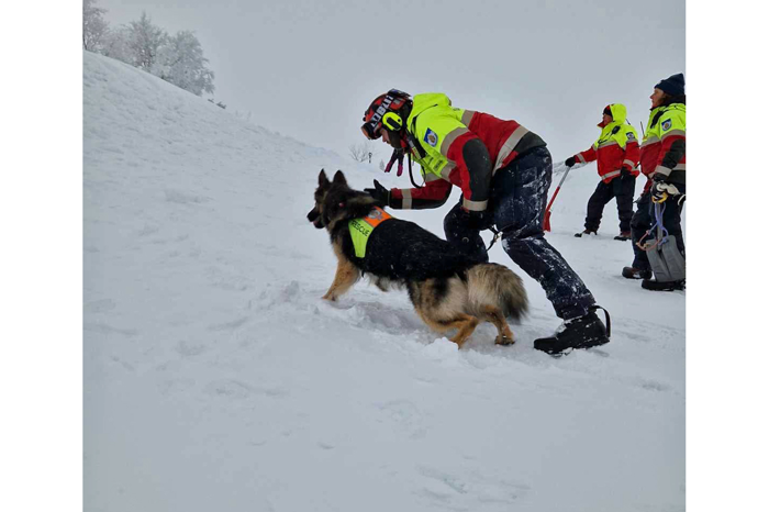 Poliser och hund under lavinräddning