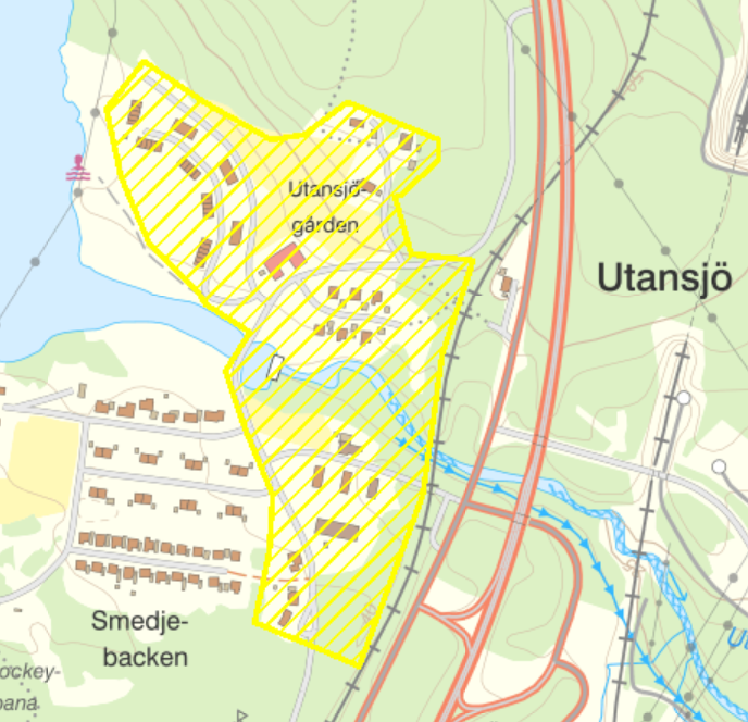 Bilden visar en karta där ett område har markerats med gula linjer.