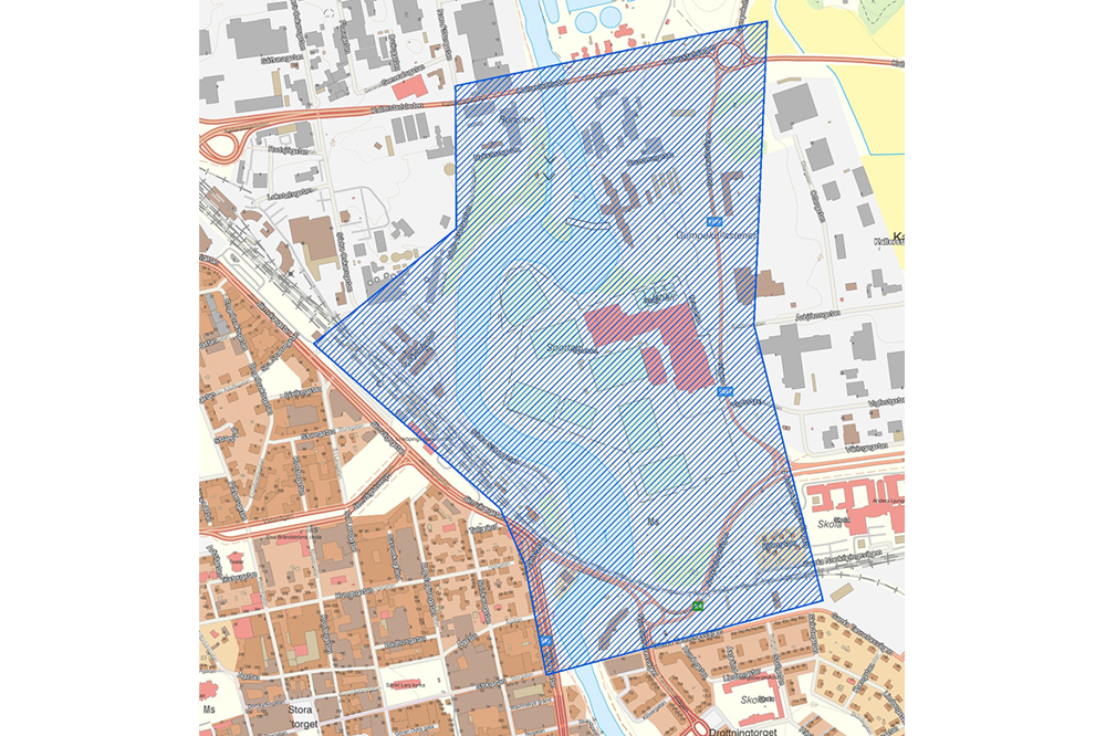 Karta över området i Linköping som bevakas med drönare.