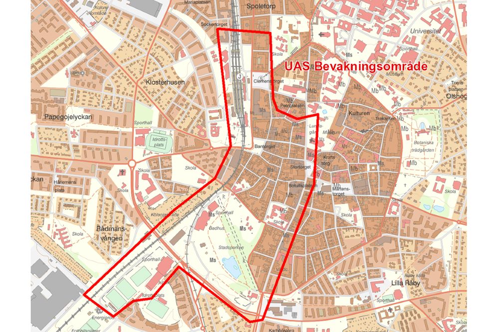 Karta över område som kamerabevakas under valborg i Lund 2024.