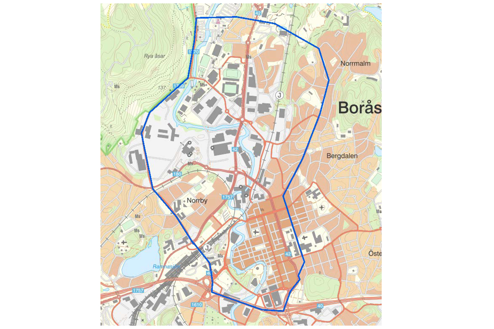 Karta över området i centrala Borås som bevakas med drönare.