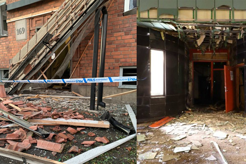 Två bilder från hur det såg ut i två entréer efter sprängning.