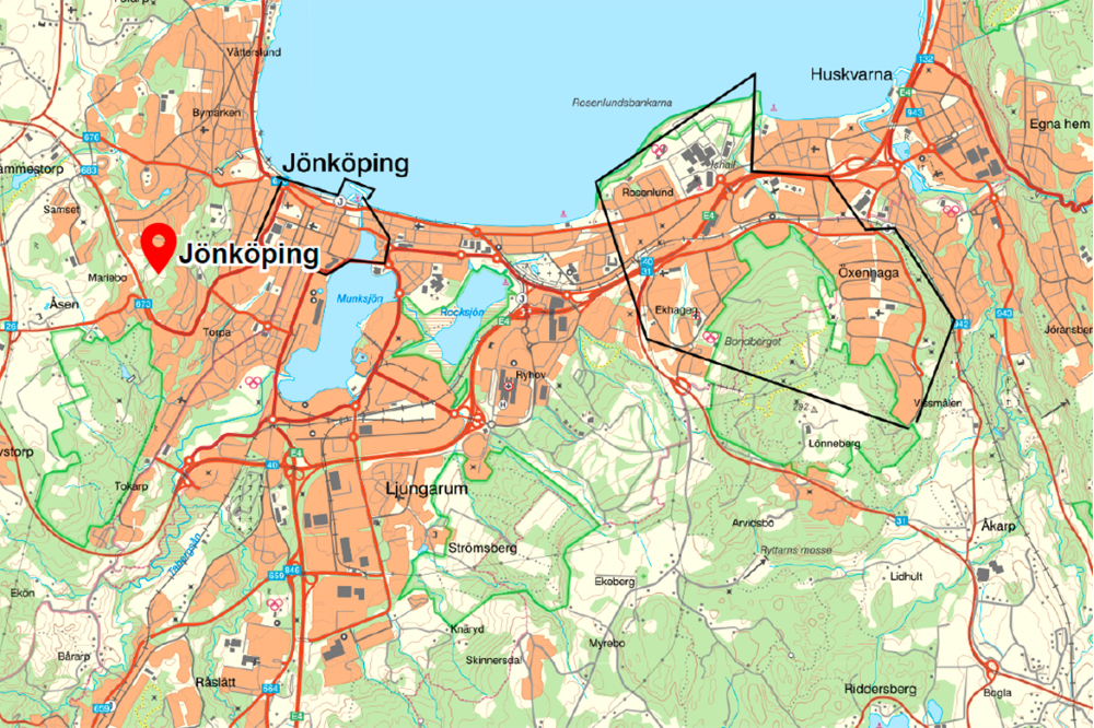 En karta över Jönköping och Huskvarna där de aktuella områdena som ska övervakas är markerade.