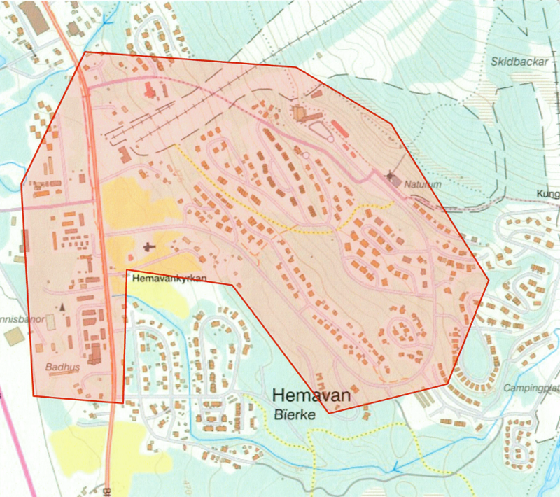 Kartbild som visar området i Hemavan som bevakas med drönare.