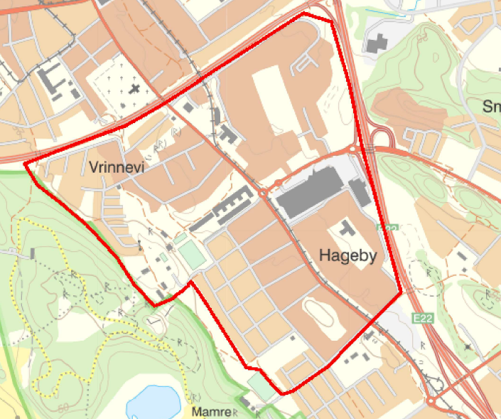 En kartbild över bostadsområdet Hageby där säkerhetszonen finns utmärkt