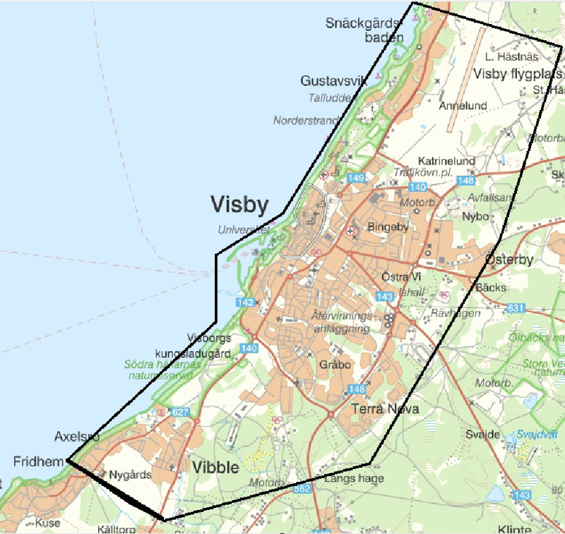Karta som visar Visby med omnejd.