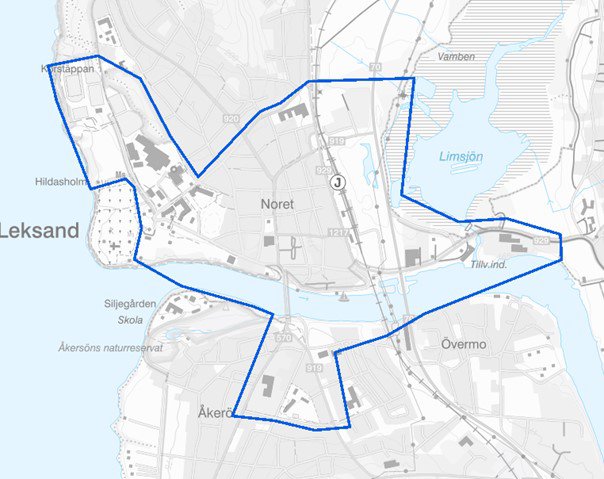 Kartbild över de delar av Leksand som kan komma att kamerabevakas under midsommarhelgen 2025.
