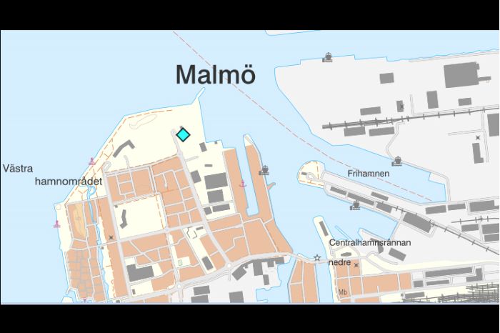 Kartbild över hamnbassängen vid Östra Varvsgatan i Malmö